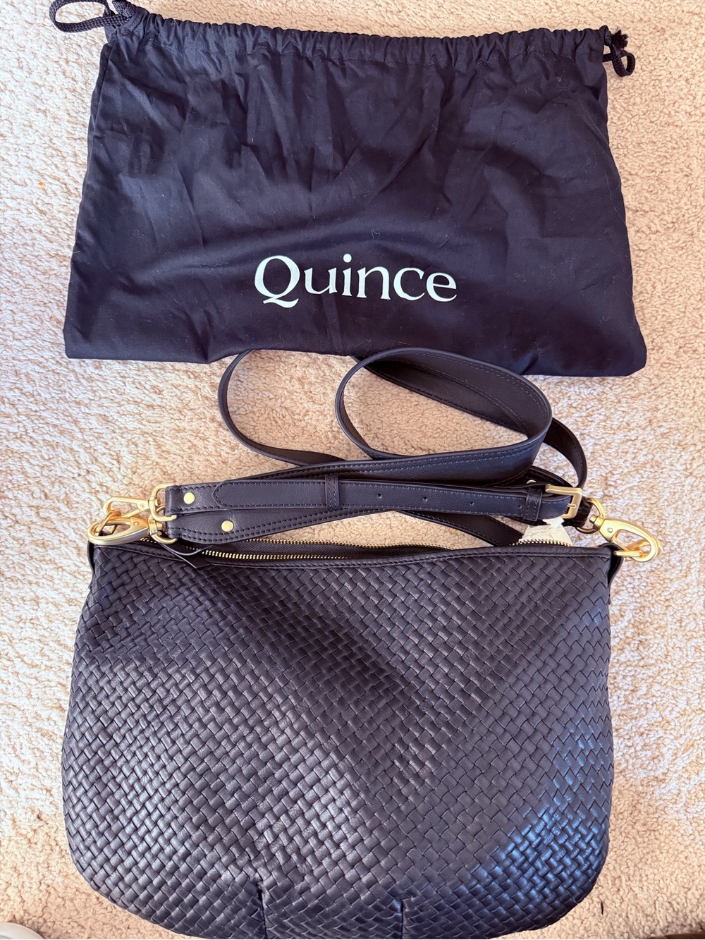 Quince Black Woven Leather Crossbody with Gold Hardware - like new. Clare V dupe